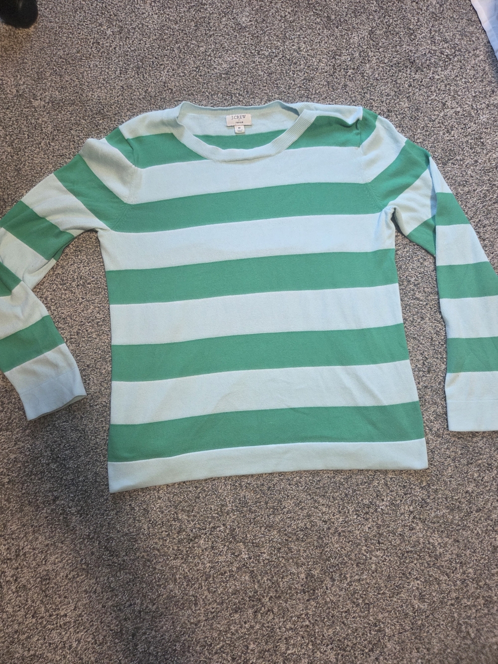 J. Crew Green and Light Blue Striped Crewneck Sweater